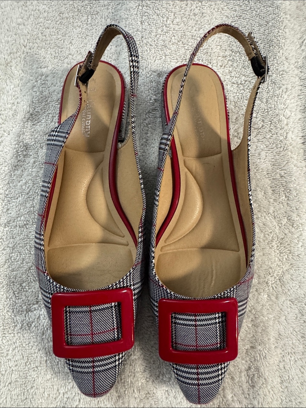 Plaid Slingback Flats with Red Buckle. Never worn.